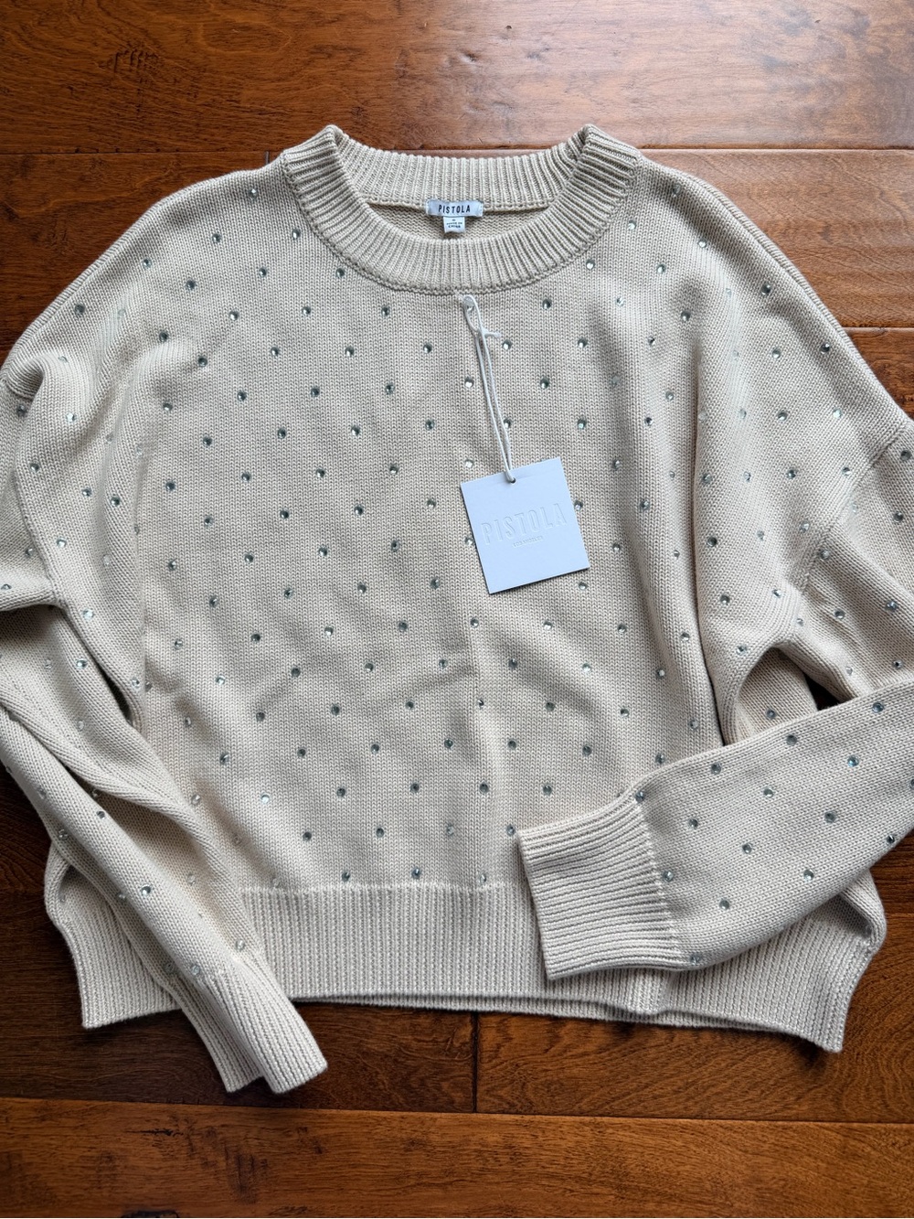 Pistola Cream Crewneck Sweater with Gemstone Accents